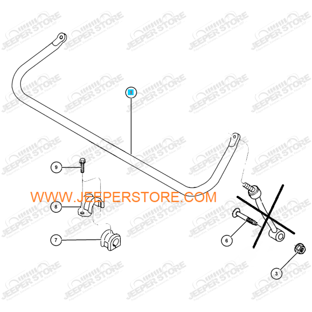 Kit barre stabilisatrice avant avec fixations et boulonneries (sans biellettes) pour Jeep Wrangler TJ