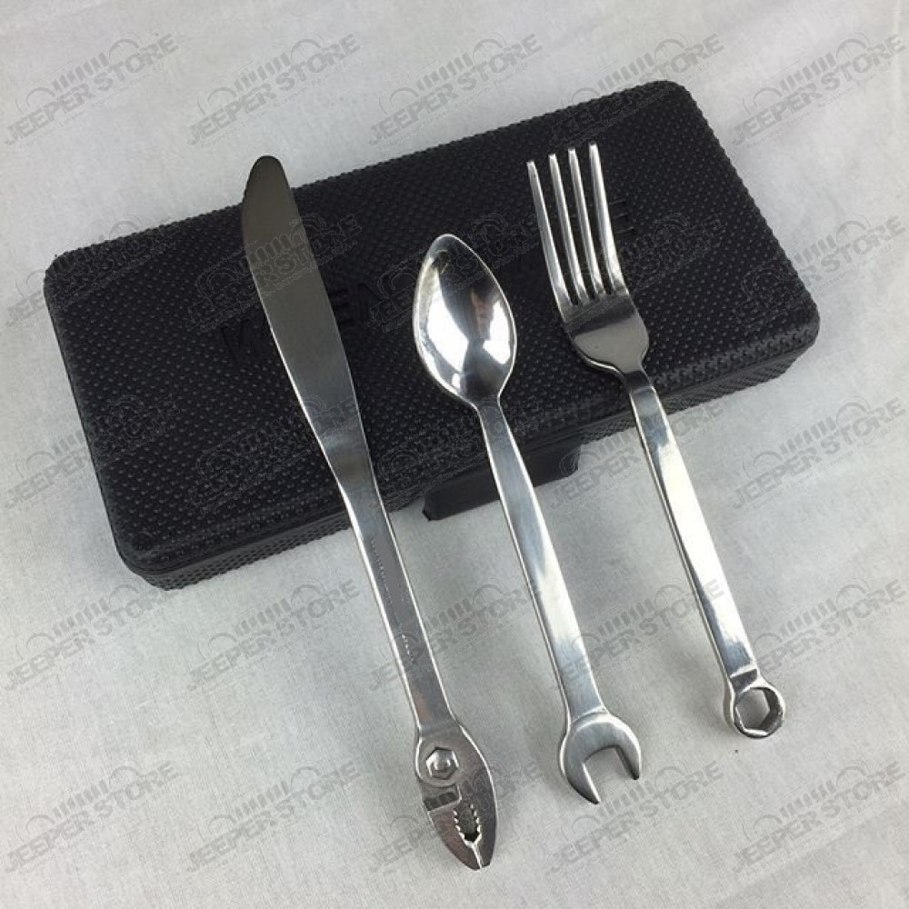 Kit de 3 mini couverts en acier inox avec forme d'outillage (cuillère,  fourchette et couteau) dans son coffret