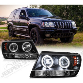 Kit de 2 phares verre clair sur fond noir - Jeep Grand Cherokee WJ / WG